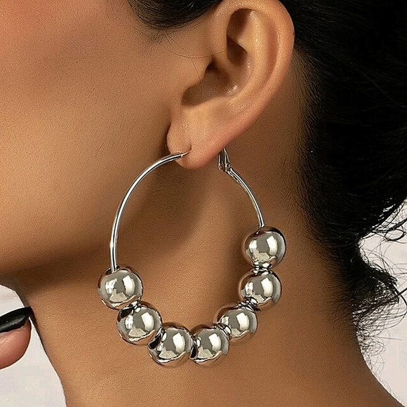 silver Hoop Ball Statement Earrings - Picture 1 of 5